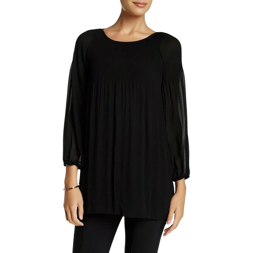 Max Studio Black Pleated Balloon Sleeve Keyhole Back Tunic Blouse Medium 5707X39